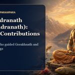 Editorial illustration of Matsyendranath meditating beside a sacred lake