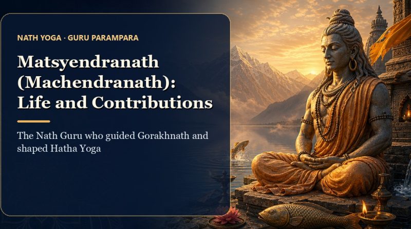 Editorial illustration of Matsyendranath meditating beside a sacred lake