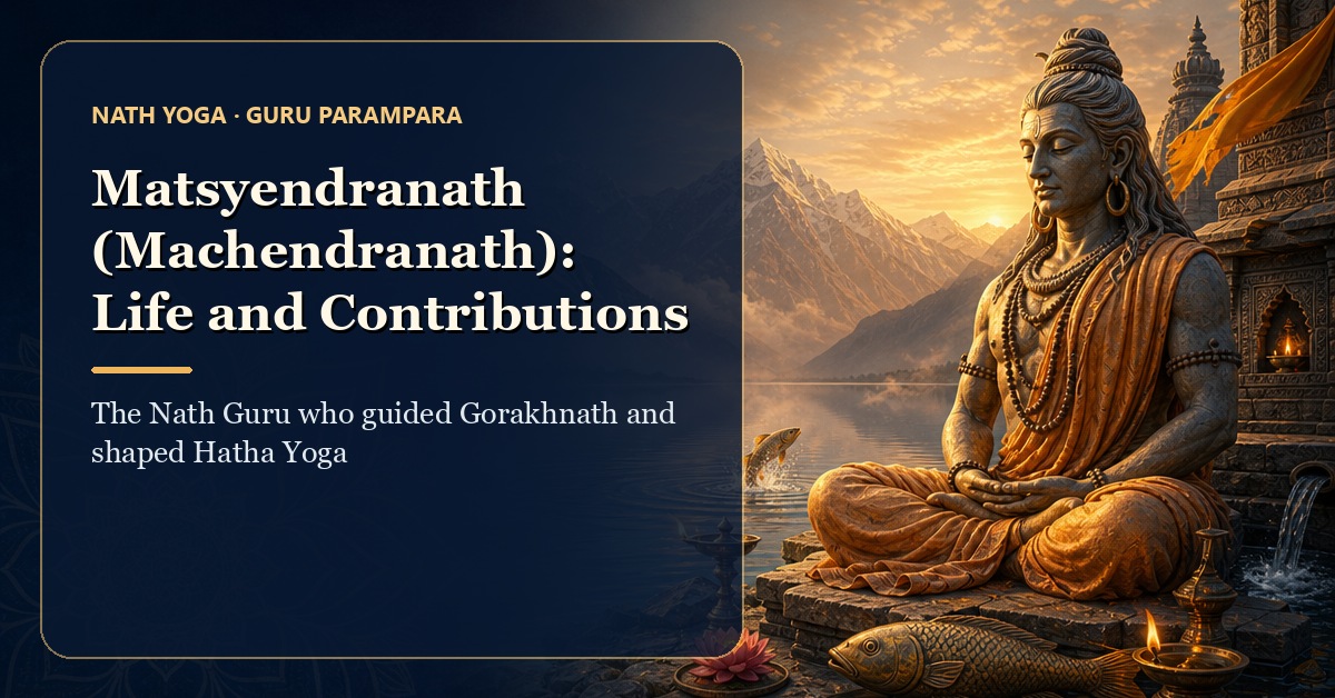 Editorial illustration of Matsyendranath meditating beside a sacred lake