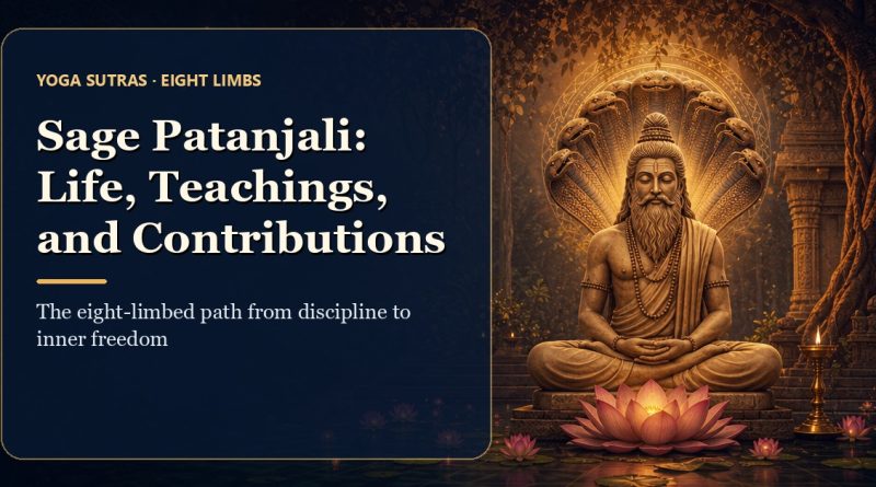 Editorial illustration of Sage Patanjali meditating with a subtle serpent halo and lotus motifs