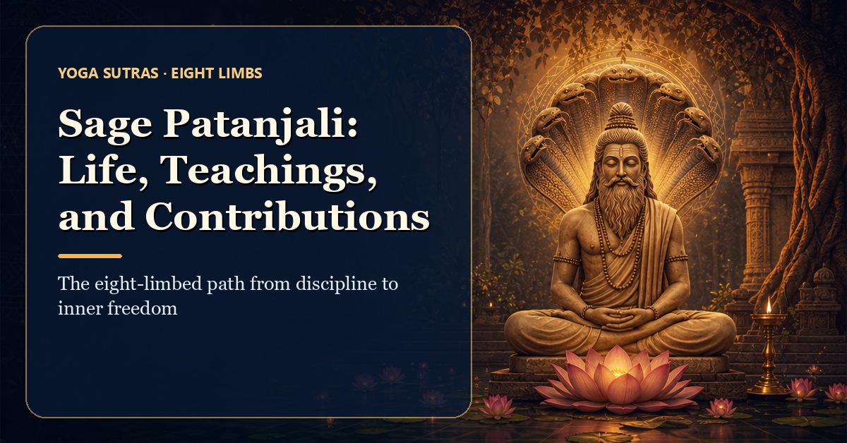 Editorial illustration of Sage Patanjali meditating with a subtle serpent halo and lotus motifs